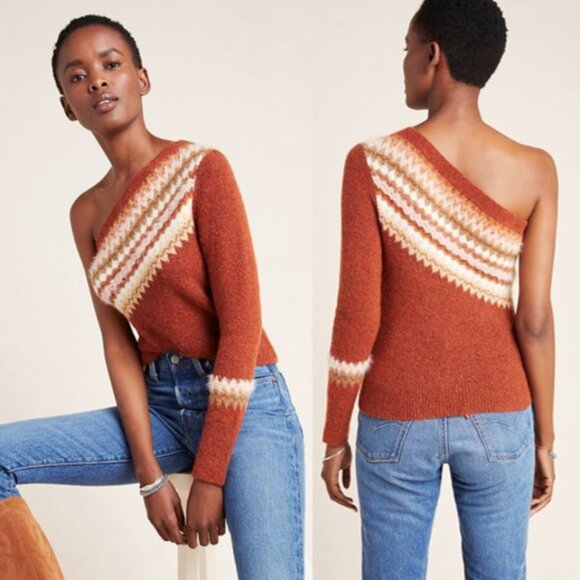 Anthropologie Rust Wool Vittoria Fair Isle One Shoulder Sweater Cozy Tan Large - Picture 8 of 8